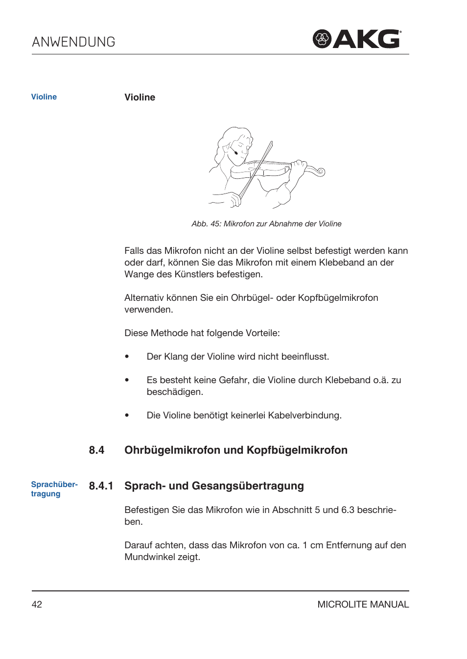 4 ohrbügelmikrofon und kopfbügelmikrofon, 1 sprach- und gesangsübertragung, Ohrbügelmikrofon und kopfbügelmikrofon | Sprach‑ und gesangsübertragung, Anwendung | Akg LC81 MD Reference Lightweight Cardioid Lavalier Microphone (Black) User Manual | Page 42 / 208