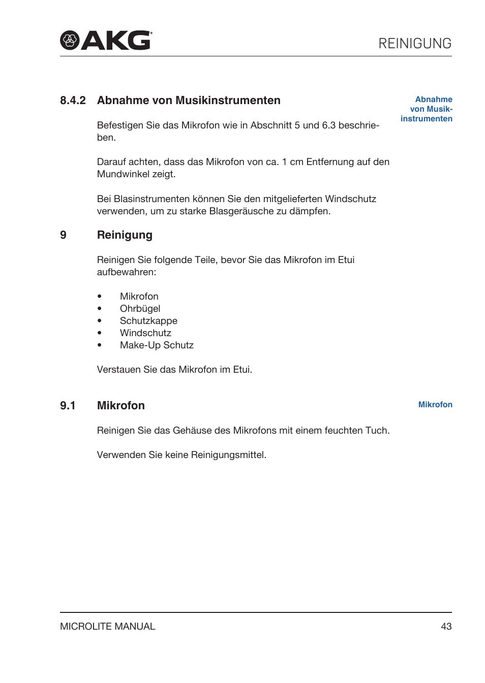 2 abnahme von musikinstrumenten, 9 reinigung, 1 mikrofon | Abnahme von musikinstrumenten, Reinigung | Akg LC81 MD Reference Lightweight Cardioid Lavalier Microphone (Black) User Manual | Page 43 / 208