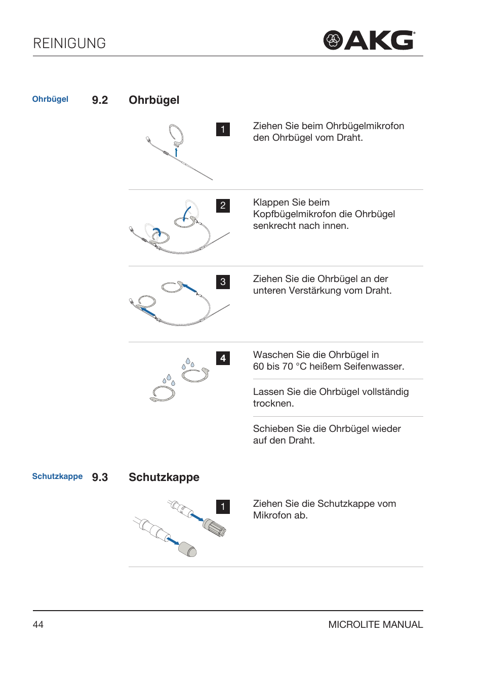 2 ohrbügel, 3 schutzkappe, Reinigung | Akg LC81 MD Reference Lightweight Cardioid Lavalier Microphone (Black) User Manual | Page 44 / 208