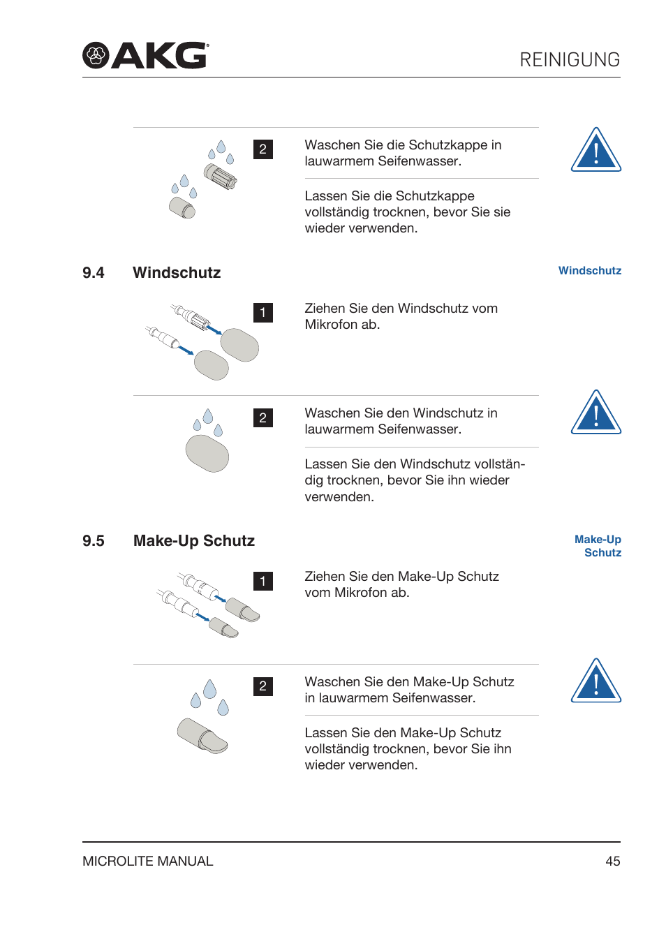 4 windschutz, 5 make-up schutz, Make‑up schutz | Reinigung | Akg LC81 MD Reference Lightweight Cardioid Lavalier Microphone (Black) User Manual | Page 45 / 208