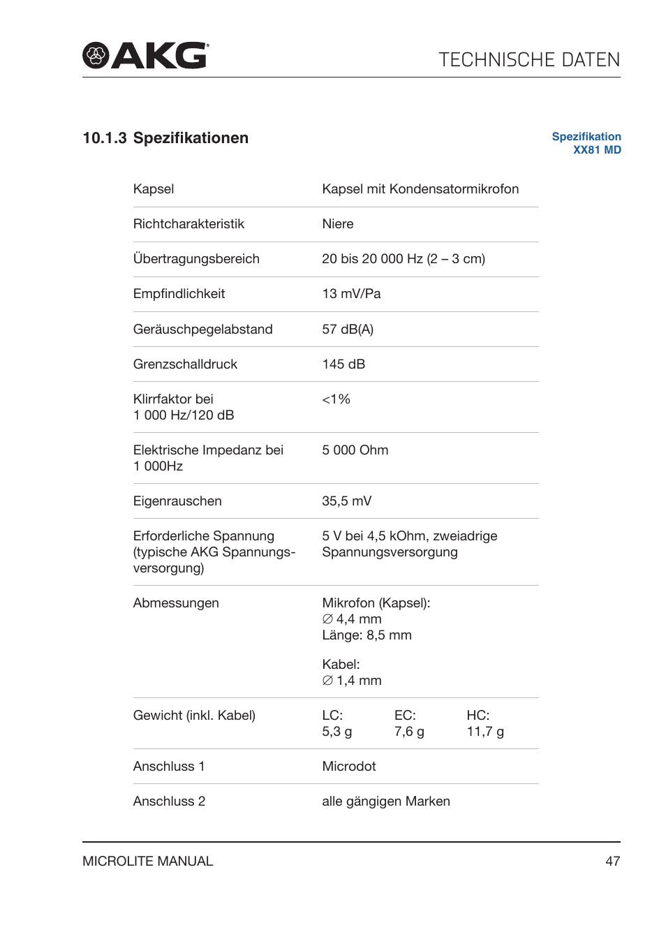 3 spezifikationen, Spezifikationen, Technische daten | Akg LC81 MD Reference Lightweight Cardioid Lavalier Microphone (Black) User Manual | Page 47 / 208