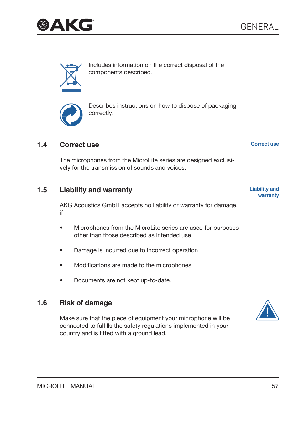4 correct use, 5 liability and warranty, 6 risk of damage | Correct use, Liability and warranty, Risk of damage, General | Akg LC81 MD Reference Lightweight Cardioid Lavalier Microphone (Black) User Manual | Page 57 / 208