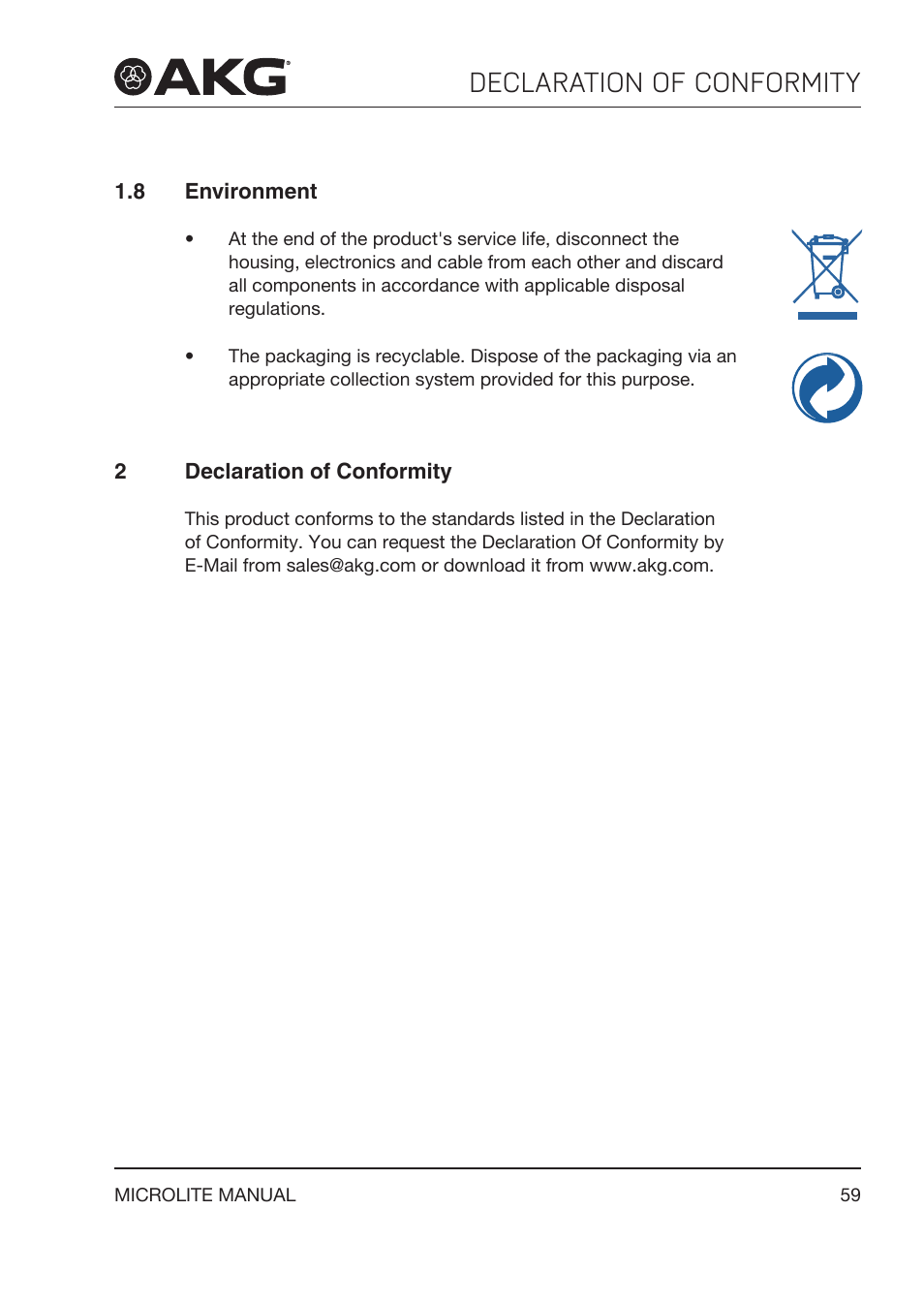 8 environment, 2 declaration of conformity, Declaration of conformity | Akg LC81 MD Reference Lightweight Cardioid Lavalier Microphone (Black) User Manual | Page 59 / 208