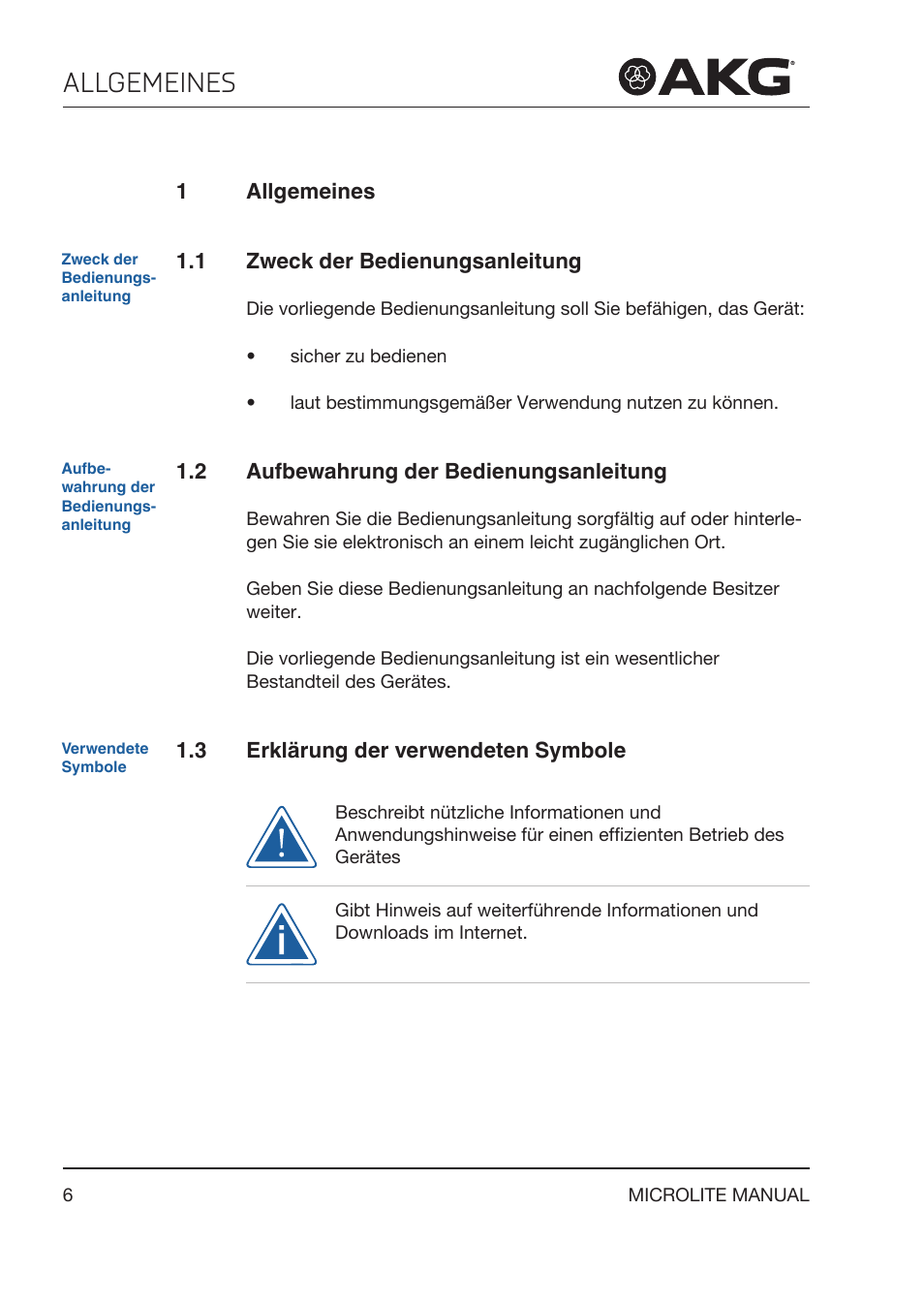 1 allgemeines, 1 zweck der bedienungsanleitung, 2 aufbewahrung der bedienungsanleitung | 3 erklärung der verwendeten symbole, Allgemeines, Zweck der bedienungsanleitung, Aufbewahrung der bedienungsanleitung, Erklärung der verwendeten symbole | Akg LC81 MD Reference Lightweight Cardioid Lavalier Microphone (Black) User Manual | Page 6 / 208