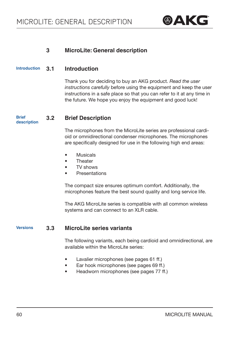 3 microlite: general description, 1 introduction, 2 brief description | 3 microlite series variants, Microlite: general description, Brief description, Microlite series variants | Akg LC81 MD Reference Lightweight Cardioid Lavalier Microphone (Black) User Manual | Page 60 / 208