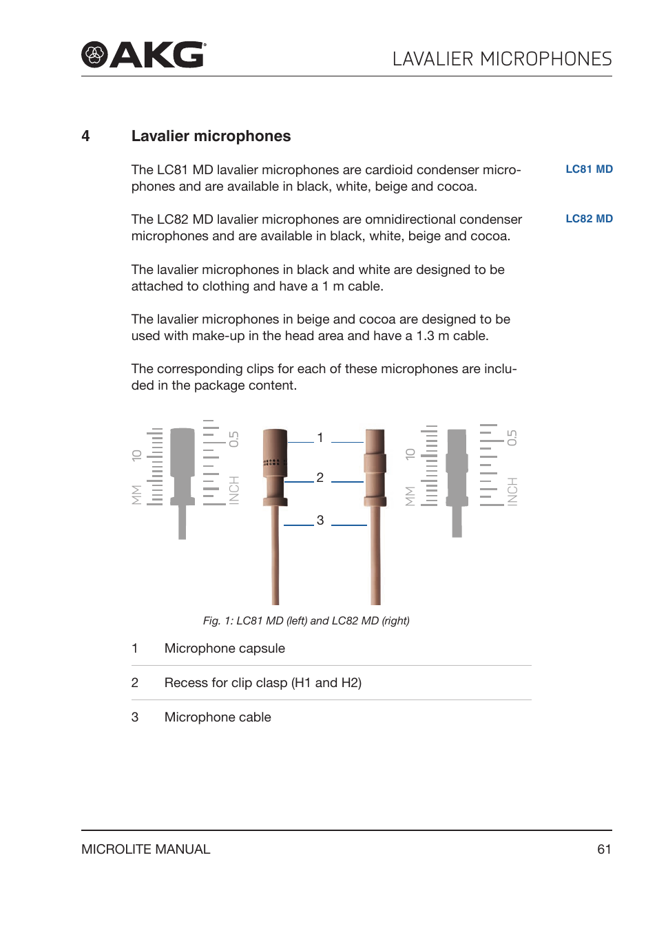 4 lavalier microphones, Lavalier microphones | Akg LC81 MD Reference Lightweight Cardioid Lavalier Microphone (Black) User Manual | Page 61 / 208
