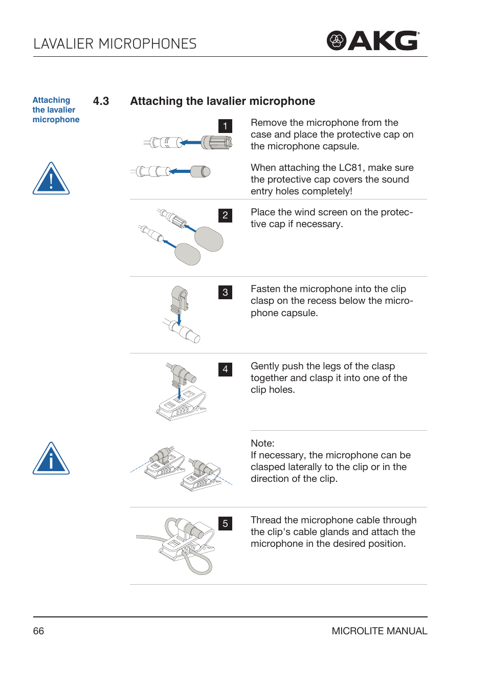 3 attaching the lavalier microphone, Attaching the lavalier microphone, Lavalier microphones | Akg LC81 MD Reference Lightweight Cardioid Lavalier Microphone (Black) User Manual | Page 66 / 208