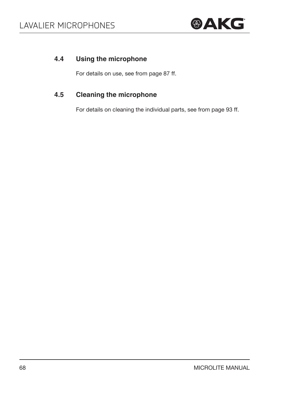 4 using the microphone, 5 cleaning the microphone, Using the microphone | Cleaning the microphone, Lavalier microphones | Akg LC81 MD Reference Lightweight Cardioid Lavalier Microphone (Black) User Manual | Page 68 / 208