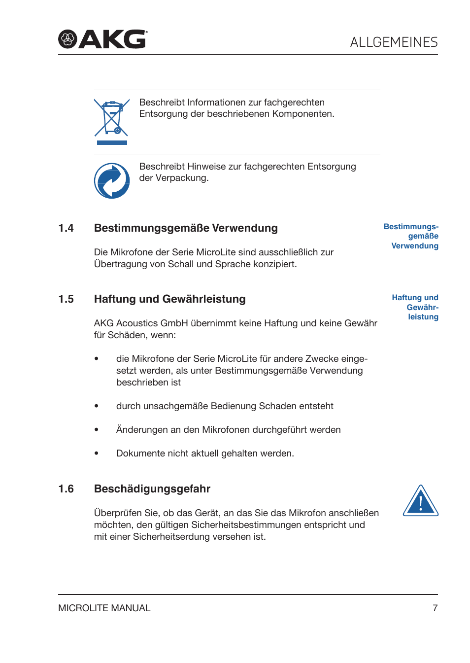 4 bestimmungsgemäße verwendung, 5 haftung und gewährleistung, 6 beschädigungsgefahr | Bestimmungsgemäße verwendung, Haftung und gewährleistung, Allgemeines | Akg LC81 MD Reference Lightweight Cardioid Lavalier Microphone (Black) User Manual | Page 7 / 208