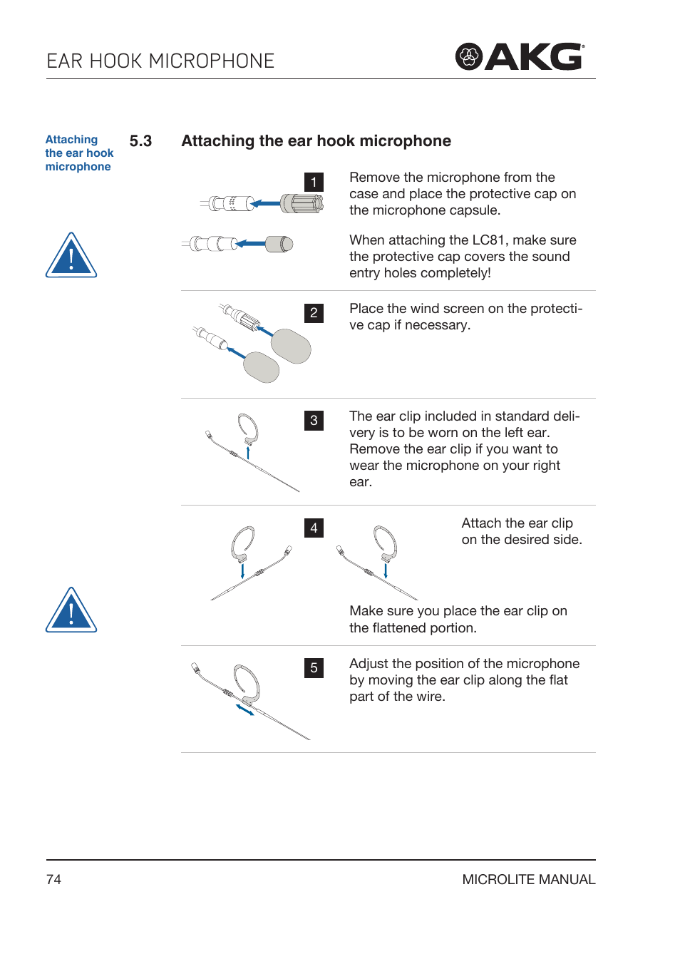 3 attaching the ear hook microphone, Attaching the ear hook microphone, Ear hook microphone | Akg LC81 MD Reference Lightweight Cardioid Lavalier Microphone (Black) User Manual | Page 74 / 208