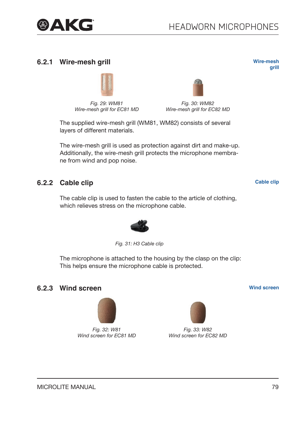 1 wire-mesh grill, 2 cable clip, 3 wind screen | Wire‑mesh grill, Cable clip, Wind screen, Headworn microphones, 1 wire­mesh grill | Akg LC81 MD Reference Lightweight Cardioid Lavalier Microphone (Black) User Manual | Page 79 / 208