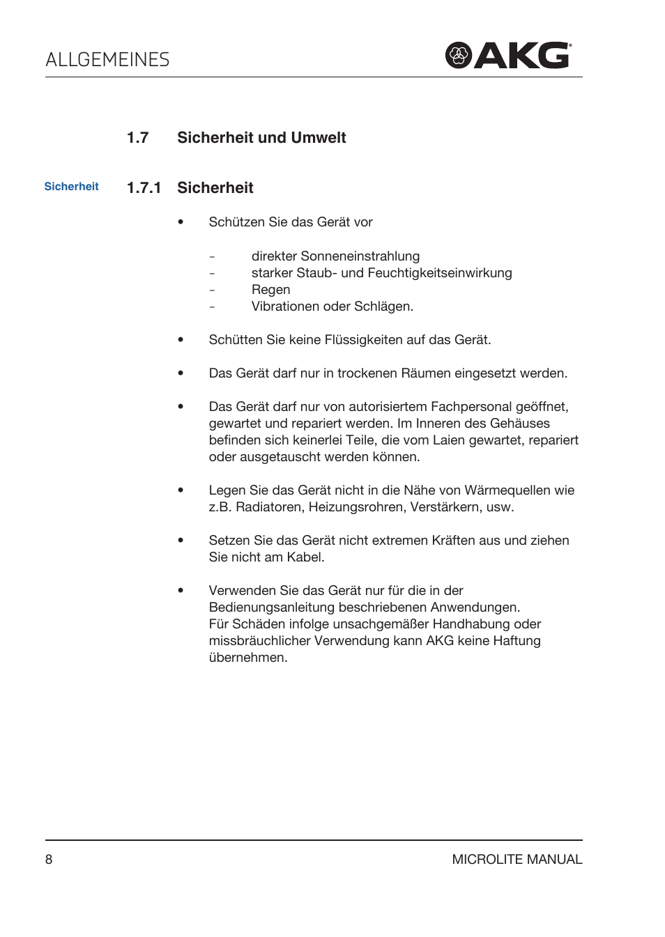 7 sicherheit und umwelt, 1 sicherheit, Sicherheit und umwelt | Allgemeines | Akg LC81 MD Reference Lightweight Cardioid Lavalier Microphone (Black) User Manual | Page 8 / 208