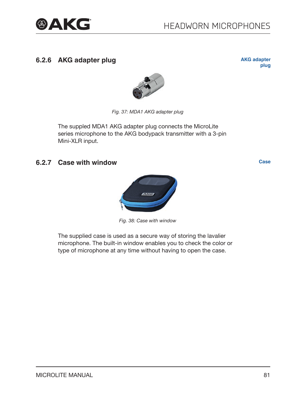 6 akg adapter plug, 7 case with window, Akg adapter plug | Case with window, Headworn microphones | Akg LC81 MD Reference Lightweight Cardioid Lavalier Microphone (Black) User Manual | Page 81 / 208