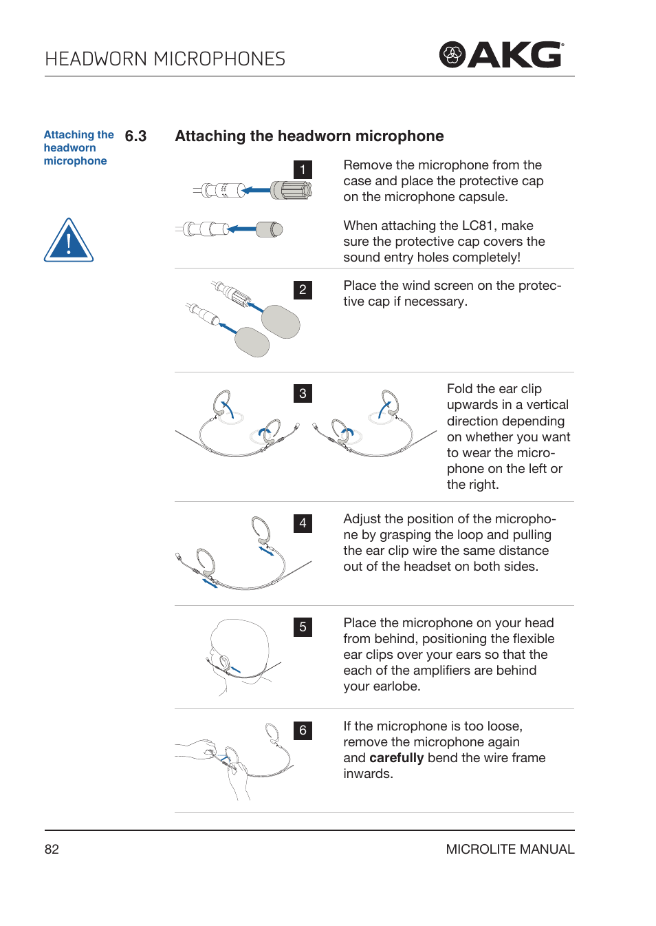 3 attaching the headworn microphone, Attaching the headworn microphone, Headworn microphones | Akg LC81 MD Reference Lightweight Cardioid Lavalier Microphone (Black) User Manual | Page 82 / 208