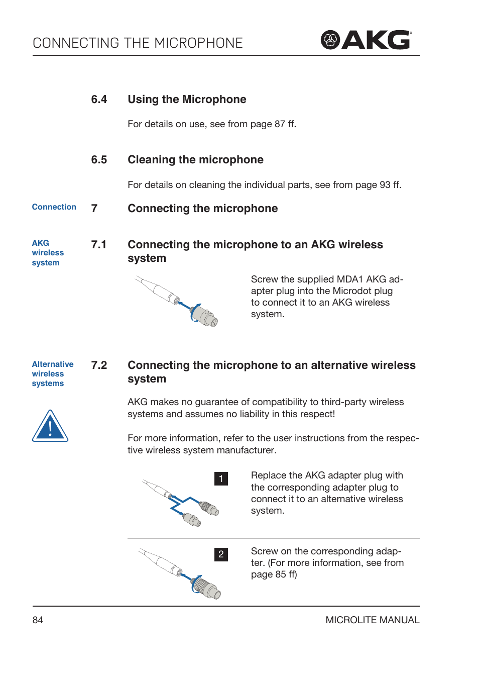 4 using the microphone, 5 cleaning the microphone, 7 connecting the microphone | Using the microphone, Cleaning the microphone, Connecting the microphone | Akg LC81 MD Reference Lightweight Cardioid Lavalier Microphone (Black) User Manual | Page 84 / 208