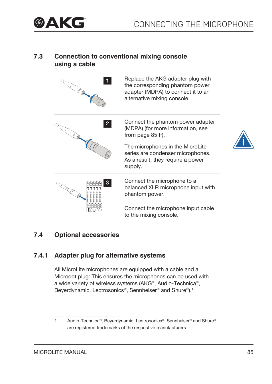 4 optional accessories, 1 adapter plug for alternative systems, Optional accessories | Adapter plug for alternative systems, Connecting the microphone | Akg LC81 MD Reference Lightweight Cardioid Lavalier Microphone (Black) User Manual | Page 85 / 208