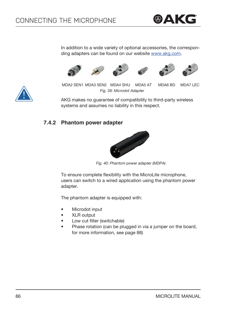 2 phantom power adapter, Phantom power adapter, Connecting the microphone | Akg LC81 MD Reference Lightweight Cardioid Lavalier Microphone (Black) User Manual | Page 86 / 208