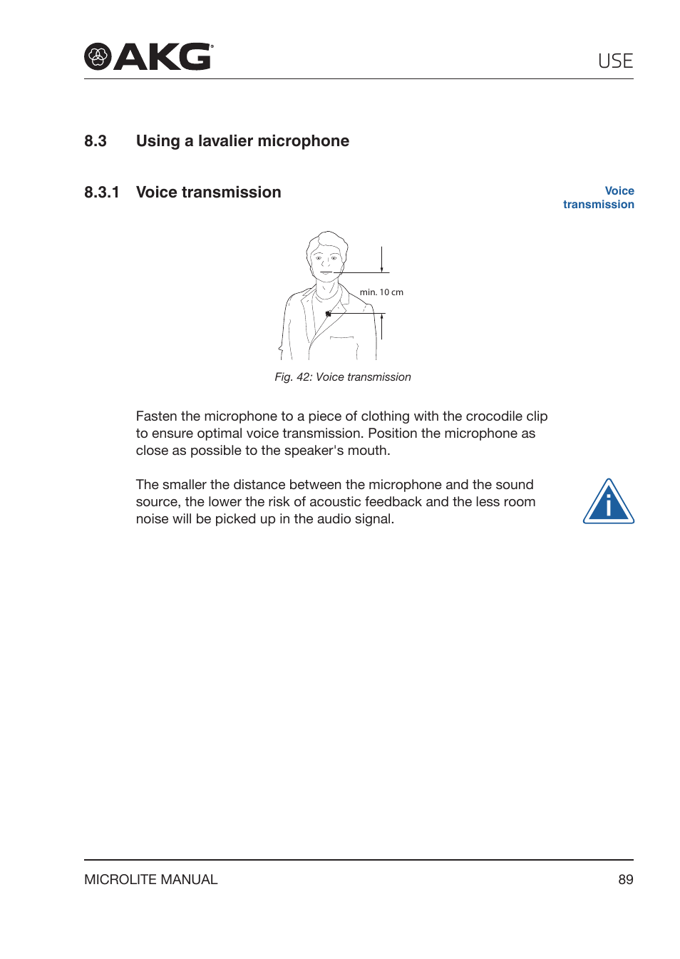 3 using a lavalier microphone, 1 voice transmission, Using a lavalier microphone | Voice transmission | Akg LC81 MD Reference Lightweight Cardioid Lavalier Microphone (Black) User Manual | Page 89 / 208