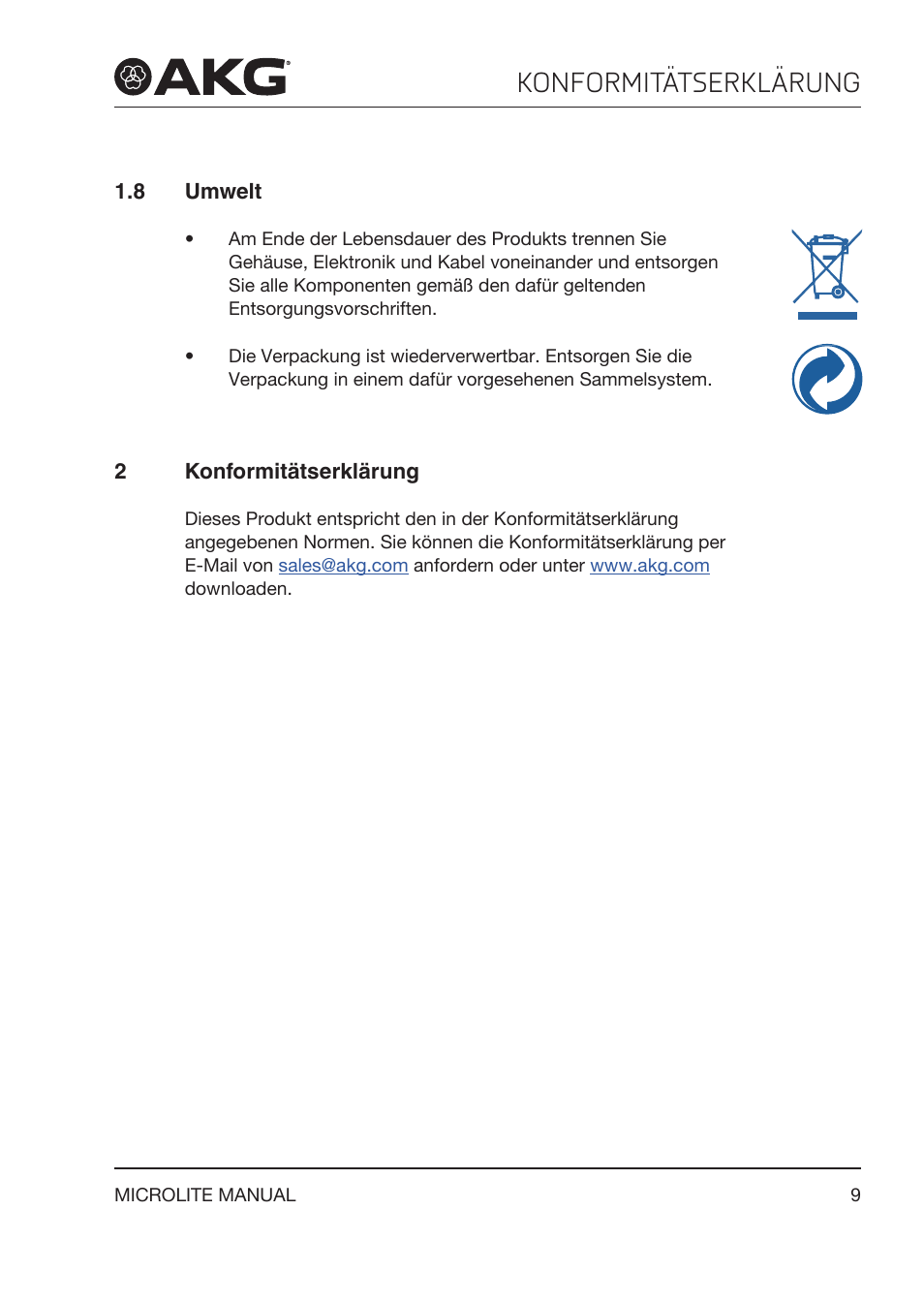 8 umwelt, 2 konformitätserklärung, Konformitätserklärung | Akg LC81 MD Reference Lightweight Cardioid Lavalier Microphone (Black) User Manual | Page 9 / 208