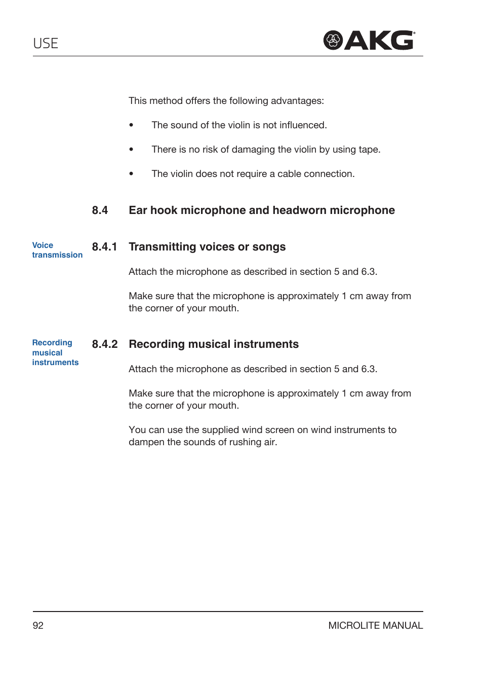 4 ear hook microphone and headworn microphone, 1 transmitting voices or songs, 2 recording musical instruments | Ear hook microphone and headworn microphone, Transmitting voices or songs, Recording musical instruments | Akg LC81 MD Reference Lightweight Cardioid Lavalier Microphone (Black) User Manual | Page 92 / 208