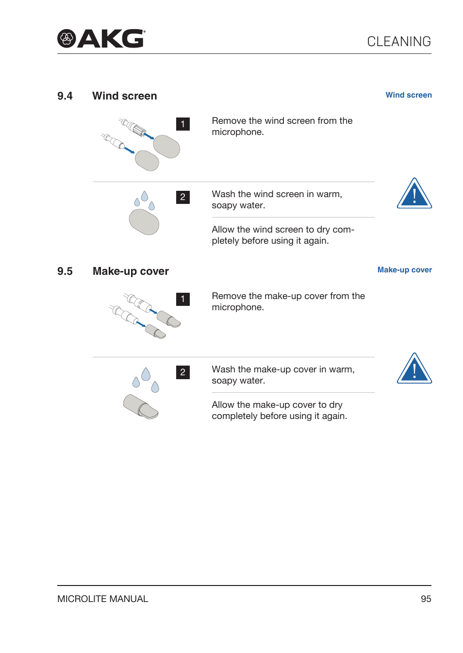 4 wind screen, 5 make‑up cover, Wind screen | Make‑up cover, Cleaning | Akg LC81 MD Reference Lightweight Cardioid Lavalier Microphone (Black) User Manual | Page 95 / 208