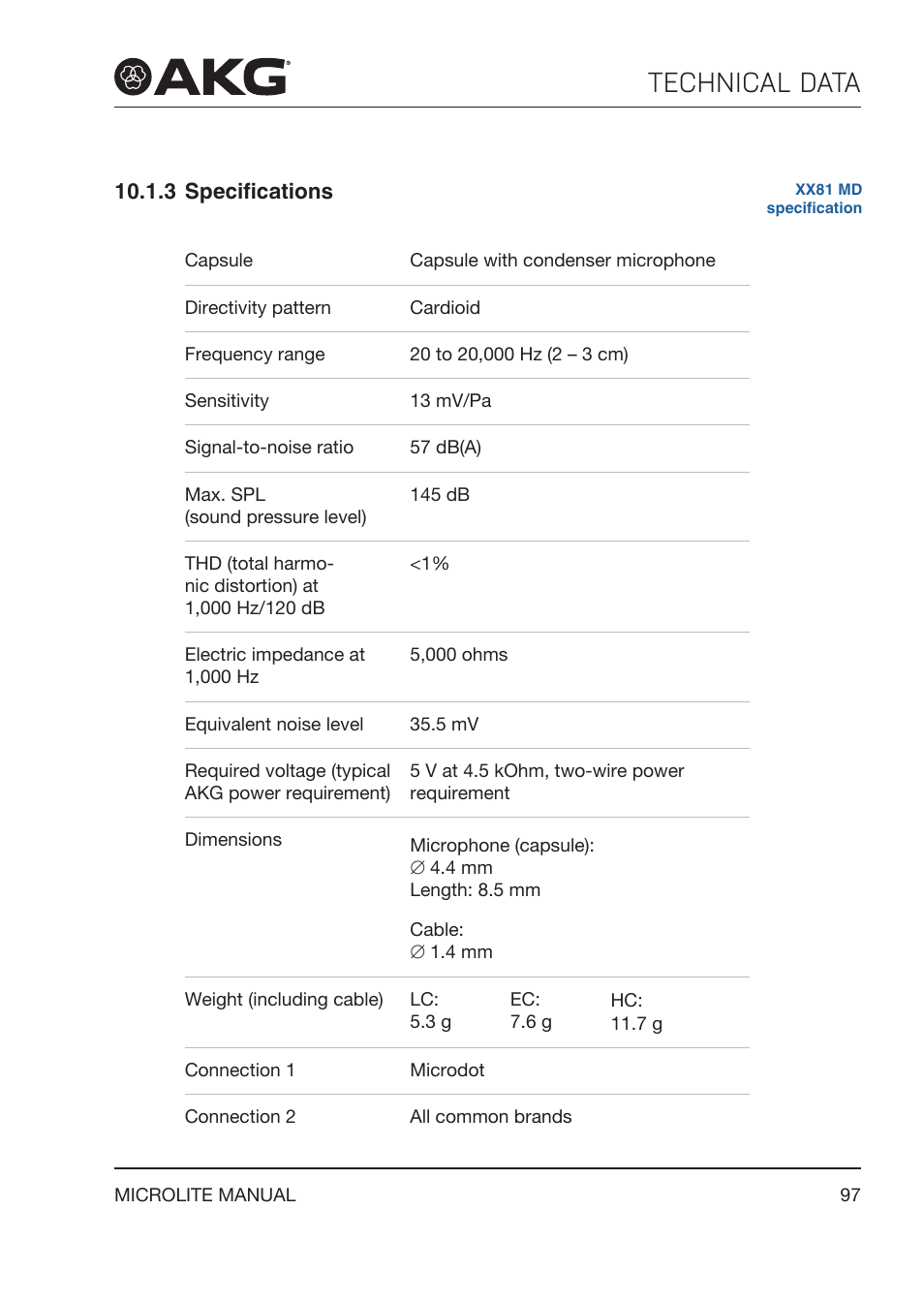 3 specifications, Specifications, Technical data | Akg LC81 MD Reference Lightweight Cardioid Lavalier Microphone (Black) User Manual | Page 97 / 208