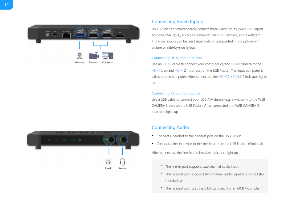 Connecting video inputs, Connecting audio | Magewell USB Fusion HDMI & USB Video Capture Device User Manual | Page 10 / 166