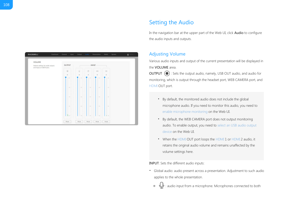 Setting the audio, Adjusting volume | Magewell USB Fusion HDMI & USB Video Capture Device User Manual | Page 108 / 166