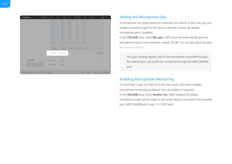 Enable microphone monitoring, Setting the microphone gain, Enabling microphone monitoring | Magewell USB Fusion HDMI & USB Video Capture Device User Manual | Page 111 / 166