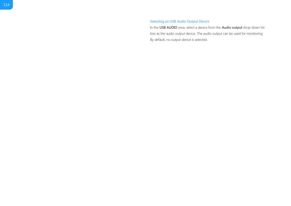 Audio. to enable output, you need to, Select an usb audio output, Device | On the web ui, Selecting a usb audio output device | Magewell USB Fusion HDMI & USB Video Capture Device User Manual | Page 114 / 166