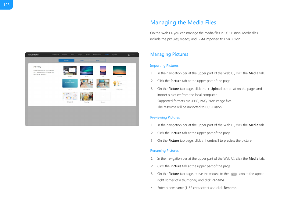 Managing the media files, Importing pictures, Managing pictures | Managing, Pictures, Importing, Importing videos | Magewell USB Fusion HDMI & USB Video Capture Device User Manual | Page 123 / 166