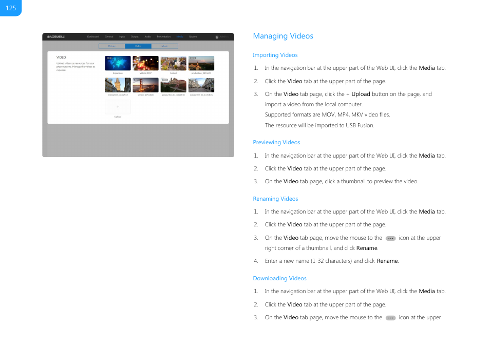 Importing videos, Managing videos, Managing | Magewell USB Fusion HDMI & USB Video Capture Device User Manual | Page 125 / 166