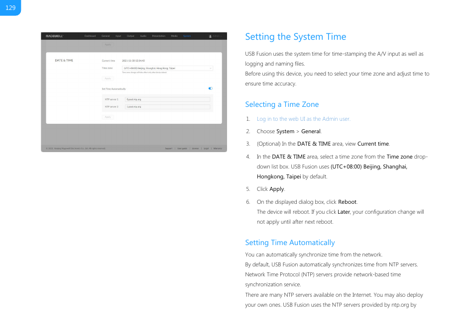 Setting the system time, Selecting a time zone, Setting time automatically | Magewell USB Fusion HDMI & USB Video Capture Device User Manual | Page 129 / 166