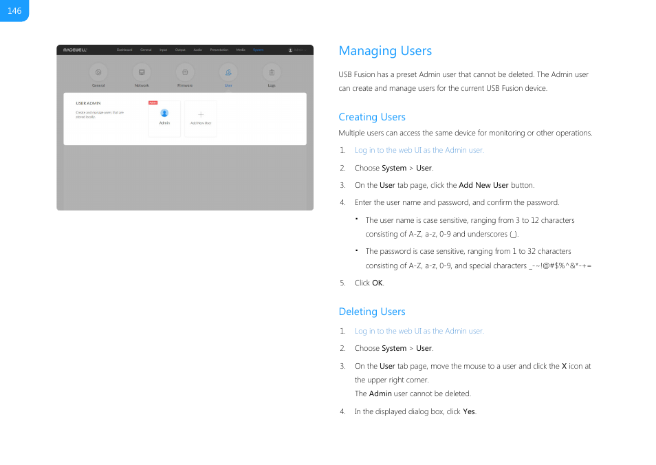 Managing users, Creating users, Deleting users | Magewell USB Fusion HDMI & USB Video Capture Device User Manual | Page 146 / 166