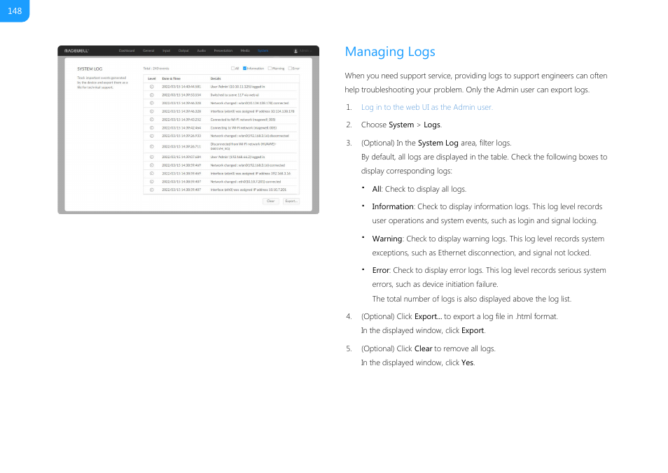 Managing logs | Magewell USB Fusion HDMI & USB Video Capture Device User Manual | Page 148 / 166