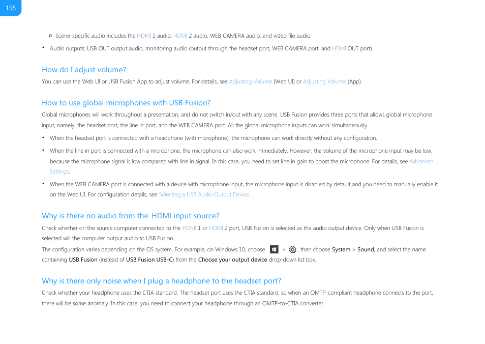 How do i adjust volume, How to use global microphones with usb fusion, Why is there no audio from the hdmi input source | Magewell USB Fusion HDMI & USB Video Capture Device User Manual | Page 155 / 166