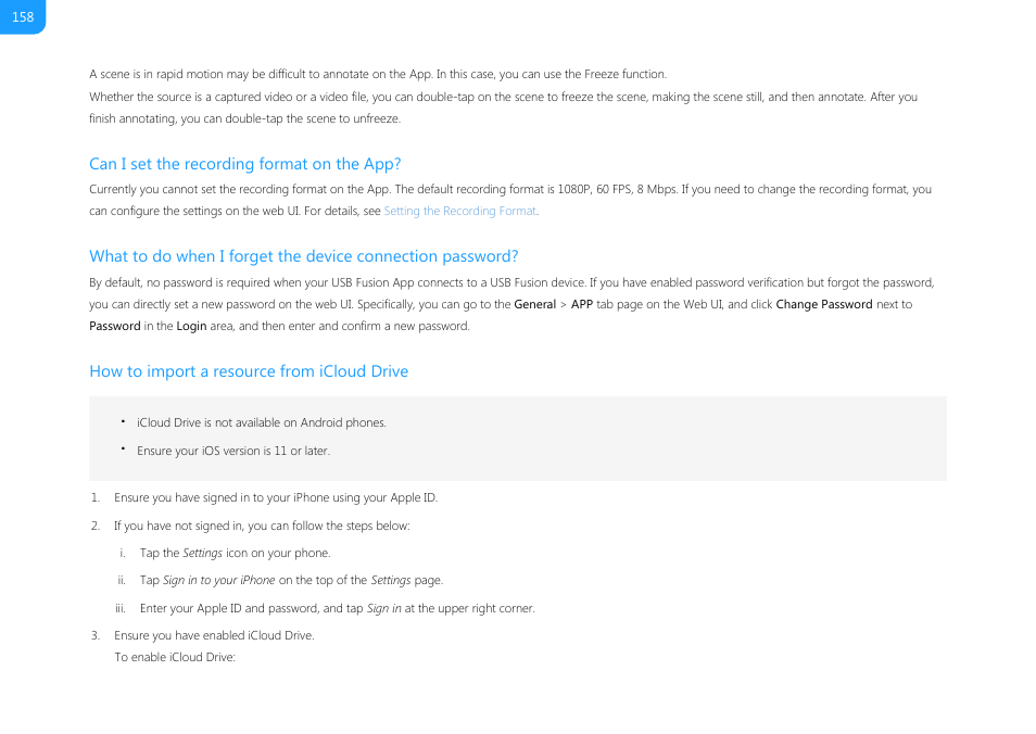 How to import a resource from icloud drive, Can i set the recording format on the app | Magewell USB Fusion HDMI & USB Video Capture Device User Manual | Page 158 / 166