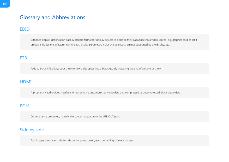 Glossary and abbreviations, Hdmi, Side by side | Edid, 3d struct, Side by, Side, Half, top and bottom, Frame packing. this parameter is displayed o | Magewell USB Fusion HDMI & USB Video Capture Device User Manual | Page 164 / 166