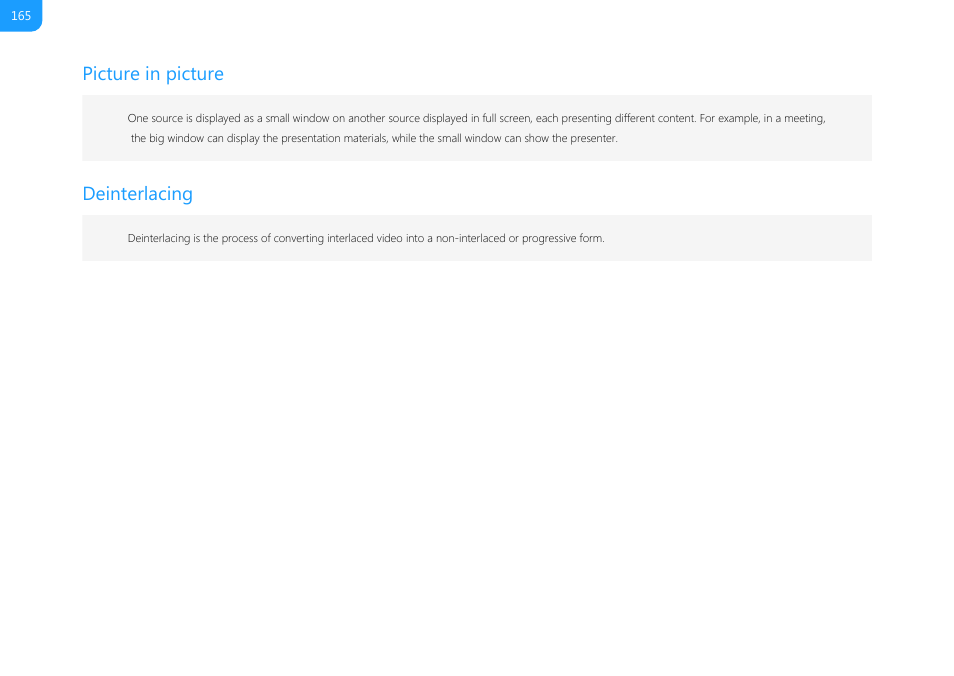 Picture in, Picture, Side by side | Picture in picture, Deinterlacing | Magewell USB Fusion HDMI & USB Video Capture Device User Manual | Page 165 / 166