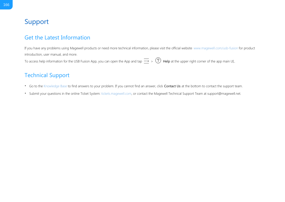 Support, Get the latest information, Technical support | Magewell USB Fusion HDMI & USB Video Capture Device User Manual | Page 166 / 166