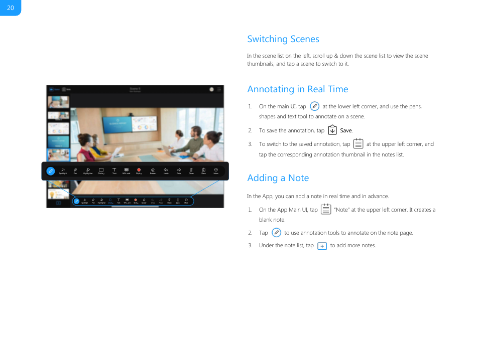 Switching scenes, Annotating in real time | Magewell USB Fusion HDMI & USB Video Capture Device User Manual | Page 20 / 166