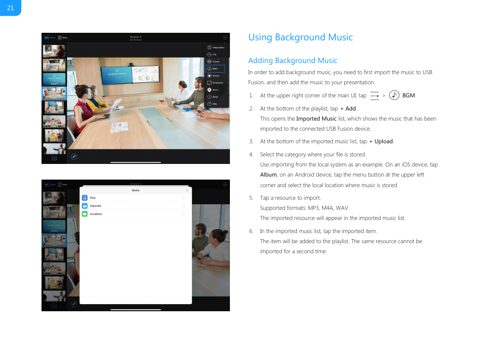 Using background music, Adding background music | Magewell USB Fusion HDMI & USB Video Capture Device User Manual | Page 21 / 166