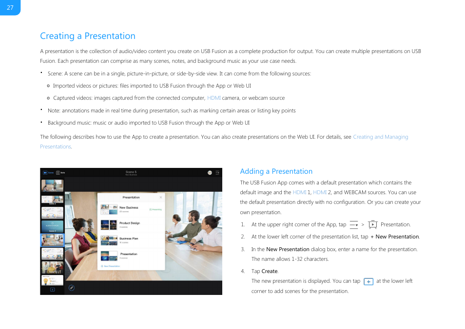 Creating a presentation, Adding a presentation | Magewell USB Fusion HDMI & USB Video Capture Device User Manual | Page 27 / 166
