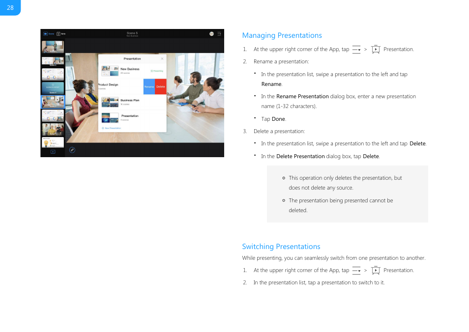 Managing presentations, Switching presentations | Magewell USB Fusion HDMI & USB Video Capture Device User Manual | Page 28 / 166