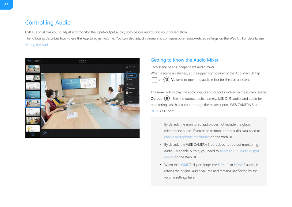 Controlling audio, Getting to know the audio mixer | Magewell USB Fusion HDMI & USB Video Capture Device User Manual | Page 66 / 166