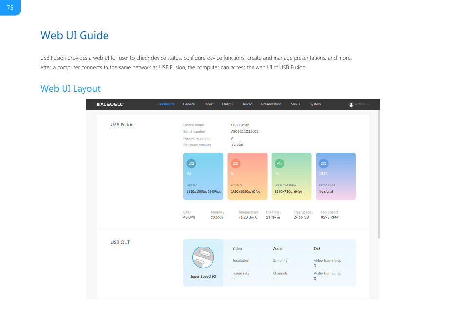 Web ui guide, Web ui layout | Magewell USB Fusion HDMI & USB Video Capture Device User Manual | Page 75 / 166