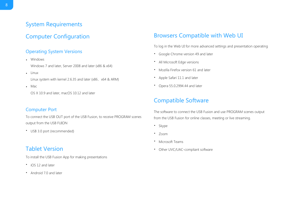 Computer configuration, Tablet version, Browsers compatible with web ui | Compatible software, System requirements, Operating system versions computer port | Magewell USB Fusion HDMI & USB Video Capture Device User Manual | Page 8 / 166