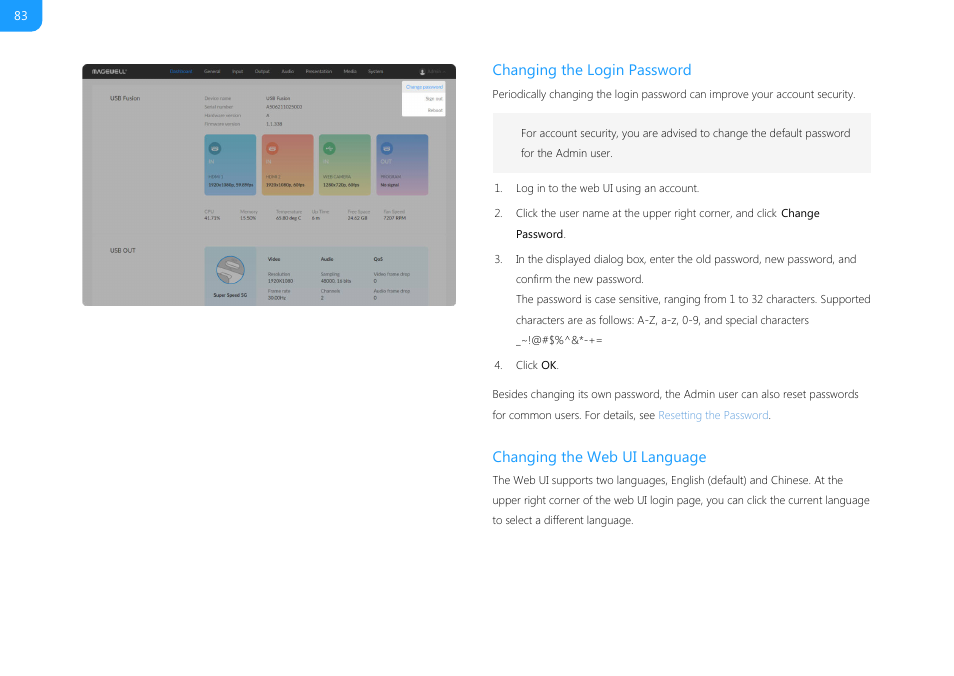 Changing the login password, Changing the web ui language | Magewell USB Fusion HDMI & USB Video Capture Device User Manual | Page 83 / 166