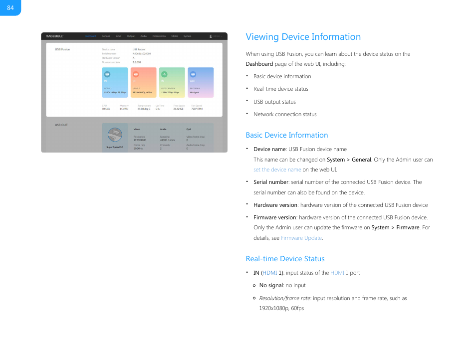 Viewing device information, Basic device information real-time device status | Magewell USB Fusion HDMI & USB Video Capture Device User Manual | Page 84 / 166