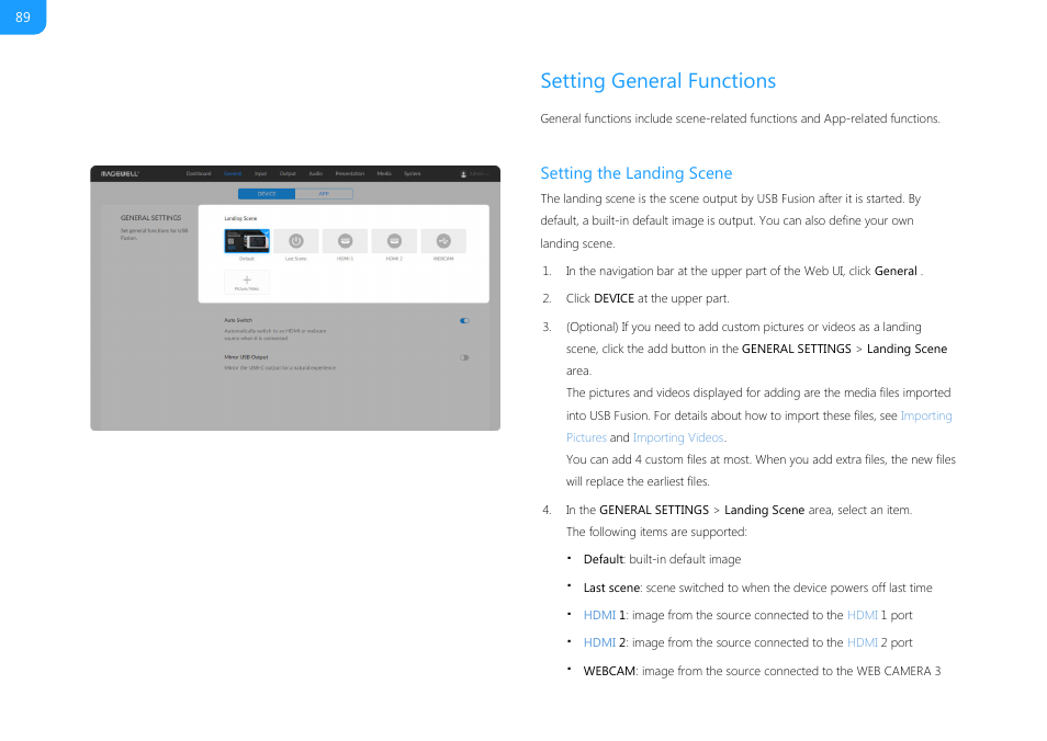 Setting general functions, Setting the landing scene | Magewell USB Fusion HDMI & USB Video Capture Device User Manual | Page 89 / 166